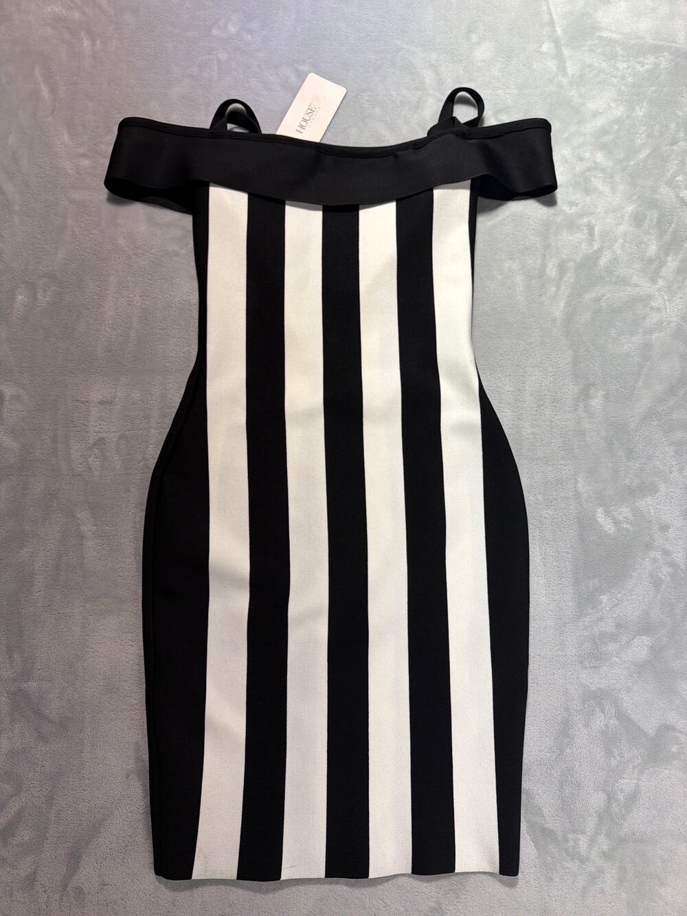 NWT House of CB Black & White Striped Off-Shoulder Bandage Bodycon Dress S